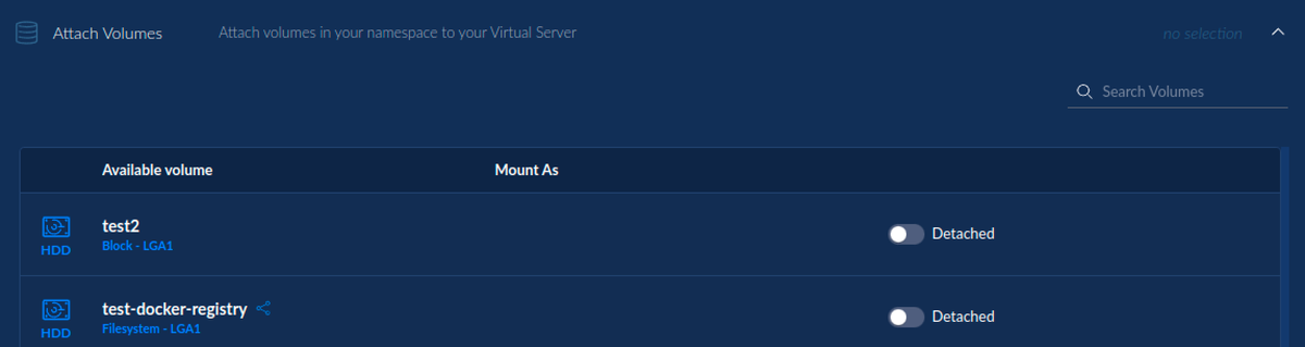 The "Attach volumes" expandable